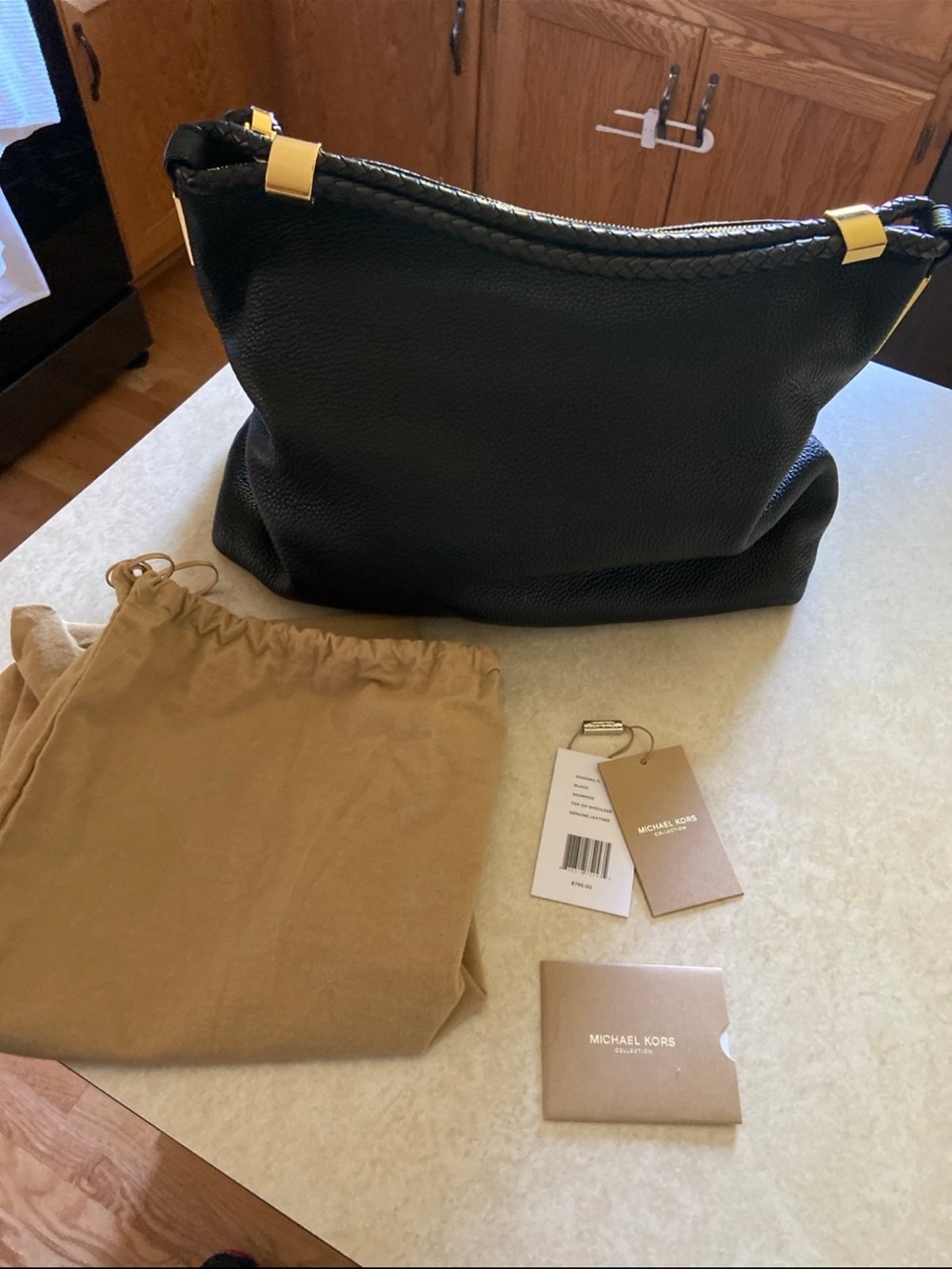 Michael Kors Black Pebbled Leather Shoulder Hobo with Gold Accents